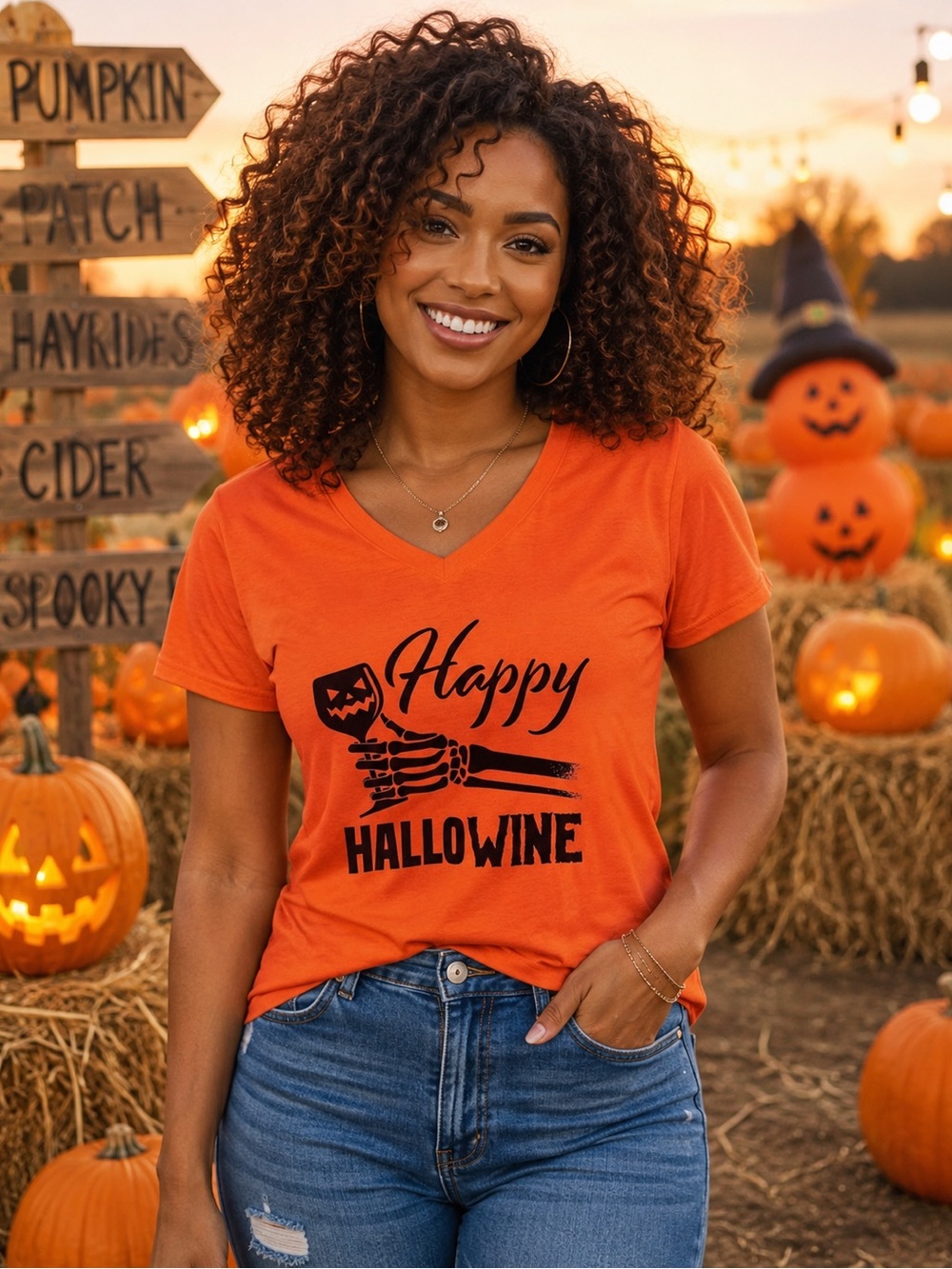 Freshman 1996 Juniors’ Orange & Black 'Happy Hallowine' V-neck Graphic Tee
